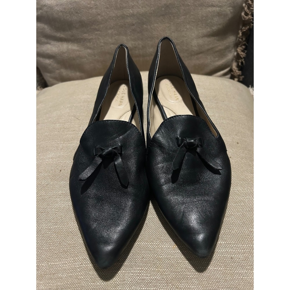 Cole Haan Grandseries Black Leather Pointed Toe Bow Cut-Out Flats Loafers 9B